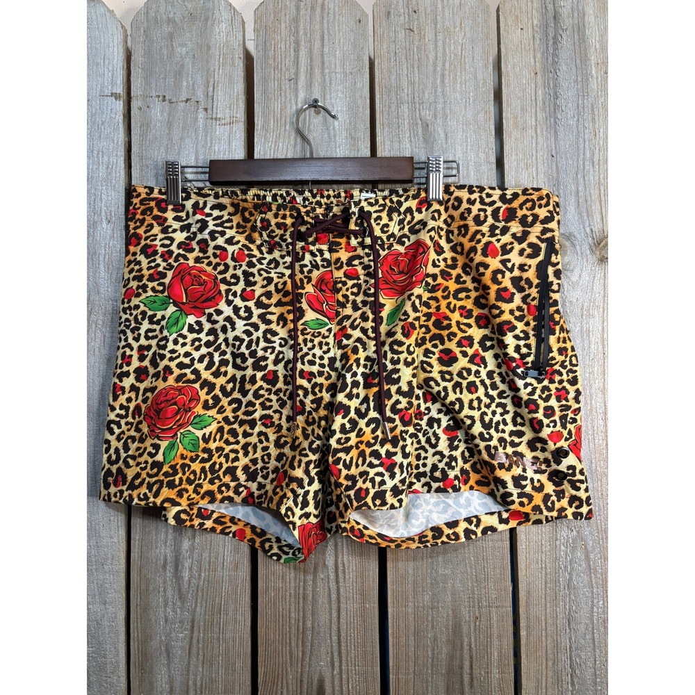 Bang! Miami Men Leopard Rose Print Swim Trunks Shorts 3XL Animal Floral Gold Red